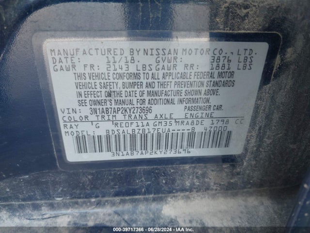 Nissan SENTRA S 2019 3N1AB7AP2KY273696 Image 9