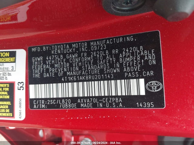 Toyota CAMRY XSE 2024 4T1K61AK8RU201143 Image 9