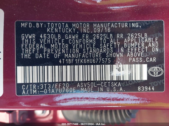 Toyota CAMRY SE 2017 4T1BF1FK6HU677575 Image 9