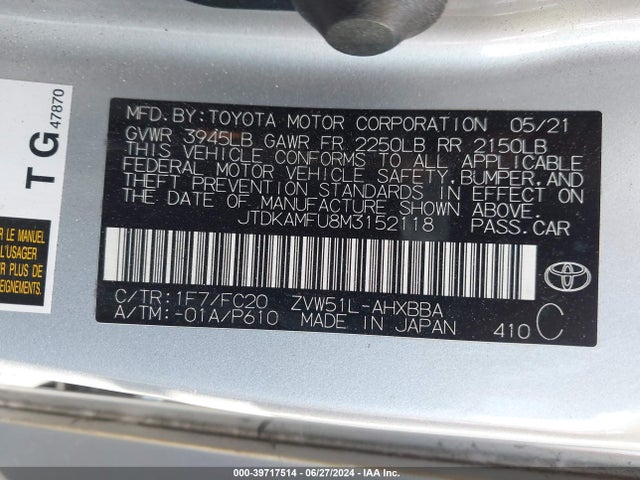 Toyota Prius L Eco 2021 JTDKAMFU8M3152118 Image 9