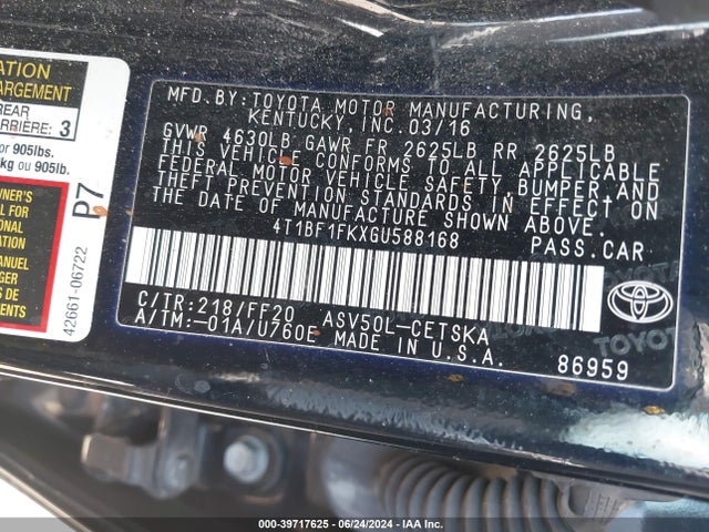 Toyota CAMRY SE 2016 4T1BF1FKXGU588168 Image 9