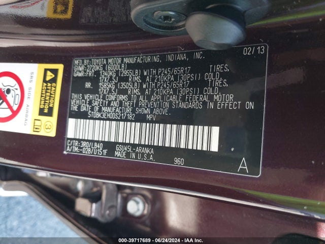 Aukcja sprzedaży 2013 Toyota Highlander Se V6, vin: 5TDBK3EH0DS217182, numer aukcji: 39717689