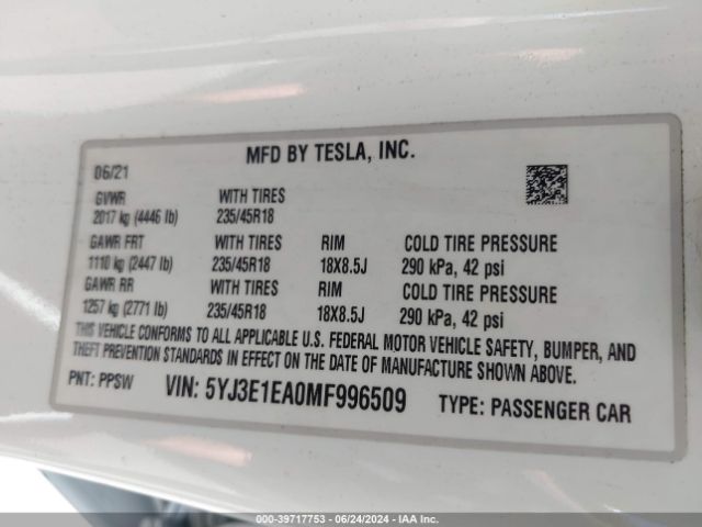5YJ3E1EA0MF996509 Tesla Model 3 Standard Range Plus Rear-wheel Drive