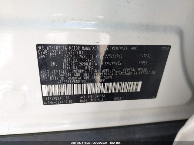 4T3E6RFV6NU100568 Toyota Rav4 Hybrid Xse
