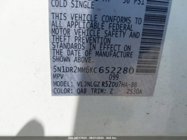 5N1DR2MM6KC652280 Nissan Pathfinder Sl