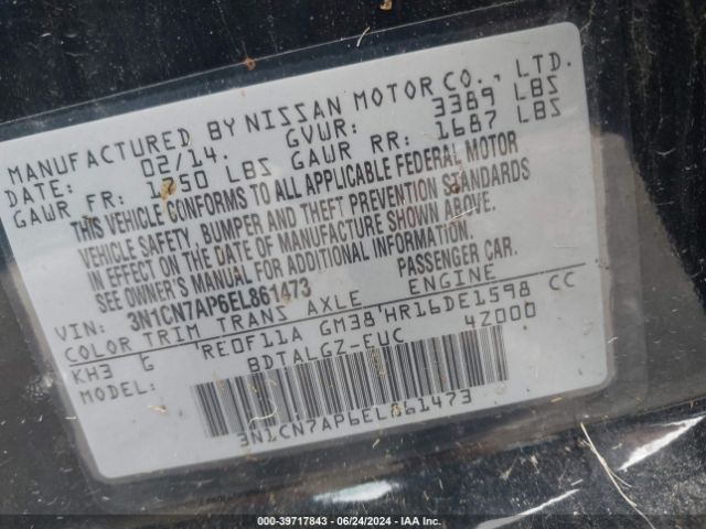 3N1CN7AP6EL861473 Nissan Versa 1.6 Sl