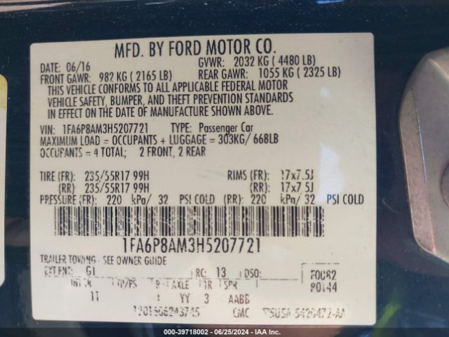 1FA6P8AM3H5207721 Ford Mustang V6