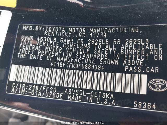 Toyota CAMRY SE 2015 4T1BF1FK9FU888394 Image 9
