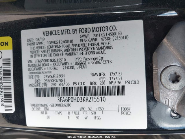 Ford FUSION SE 2019 3FA6P0HD3KR215510 Image 9