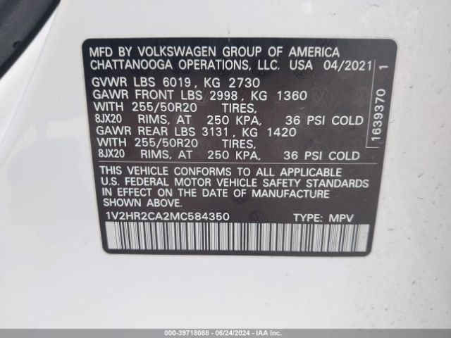 1V2HR2CA2MC584350 Volkswagen Atlas 3.6l V6 Se W/technology