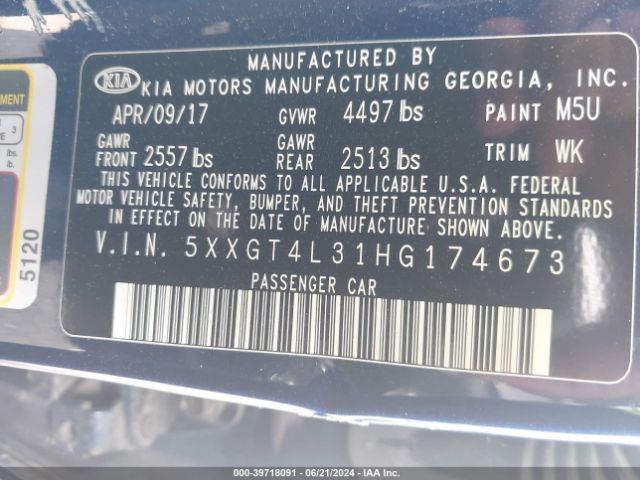 5XXGT4L31HG174673 KIA Optima Lx