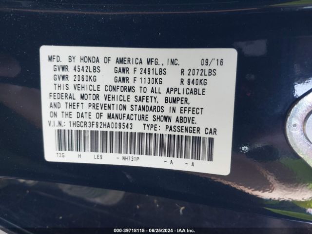 1HGCR3F92HA009543 Honda Accord Touring V6