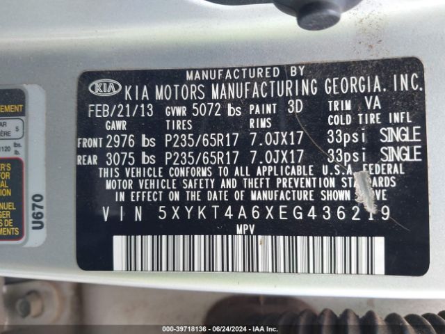 5XYKT4A6XEG436219 KIA SORENTO LX