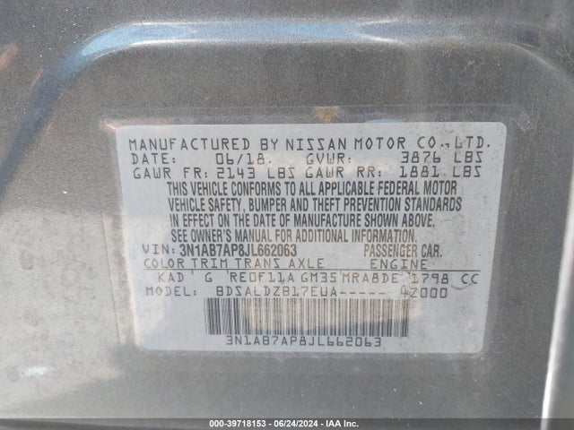 Nissan SENTRA SV 2018 3N1AB7AP8JL662063 Image 9