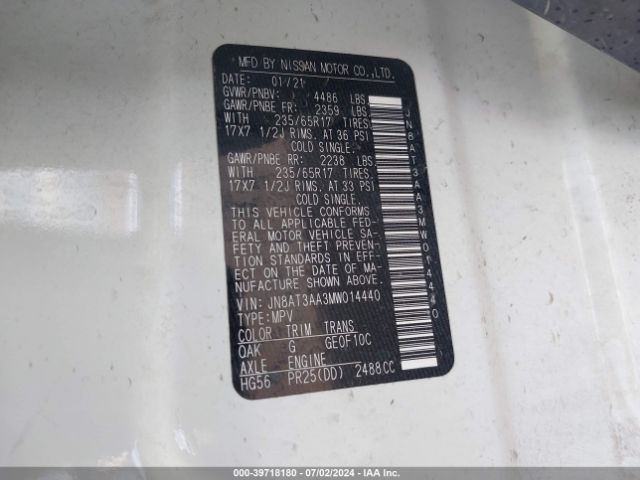JN8AT3AA3MW014440 Nissan Rogue S Fwd