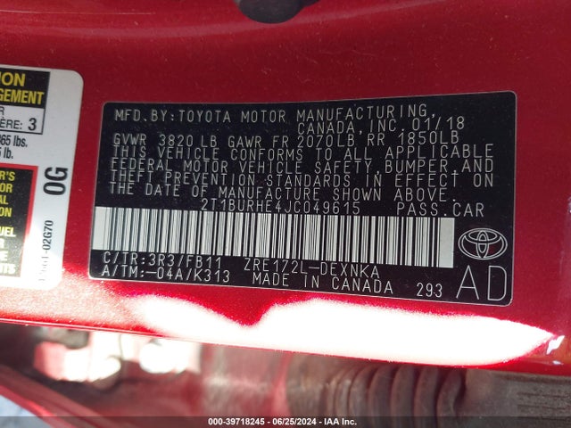 Toyota COROLLA LE 2018 2T1BURHE4JC049615 Image 9
