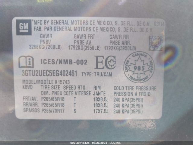 3GTU2UEC5EG402461 GMC Sierra 1500 Sle