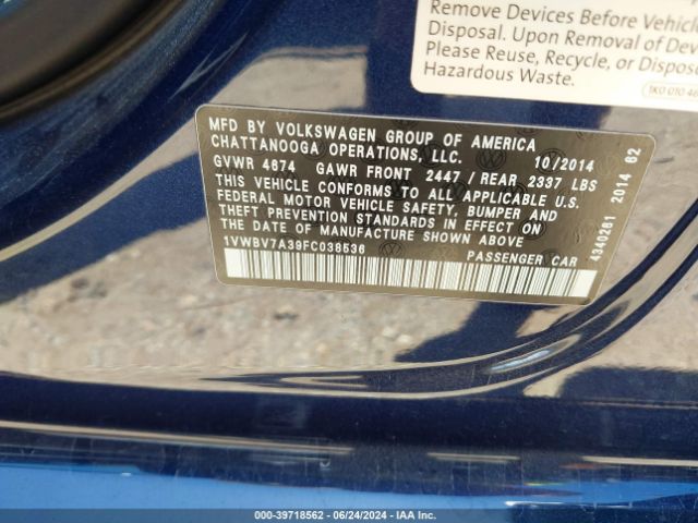 1VWBV7A39FC038536 Volkswagen Passat 2.0l Tdi Se