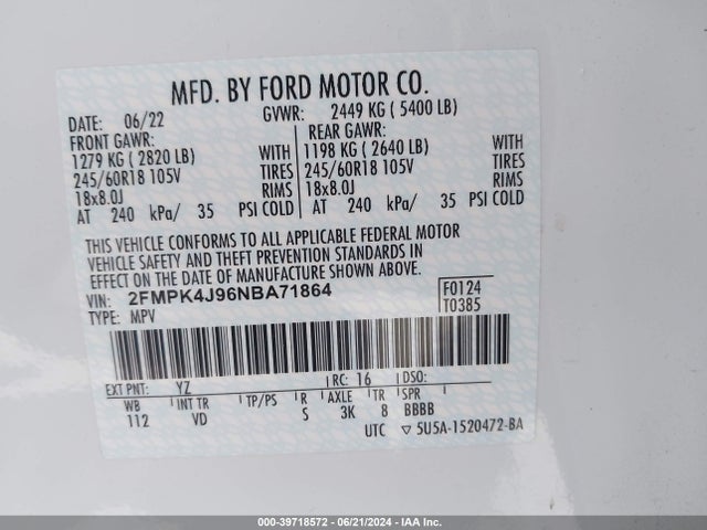 Ford EDGE SEL 2022 2FMPK4J96NBA71864 Image 9