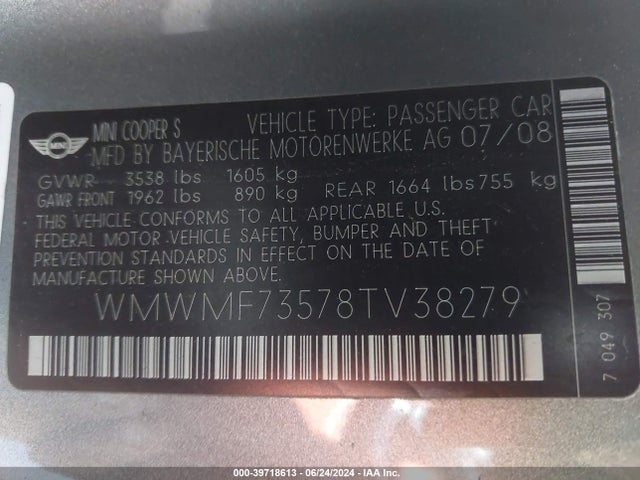 2008 MINI COOPER S WMWMF73578TV38279 Photo 8