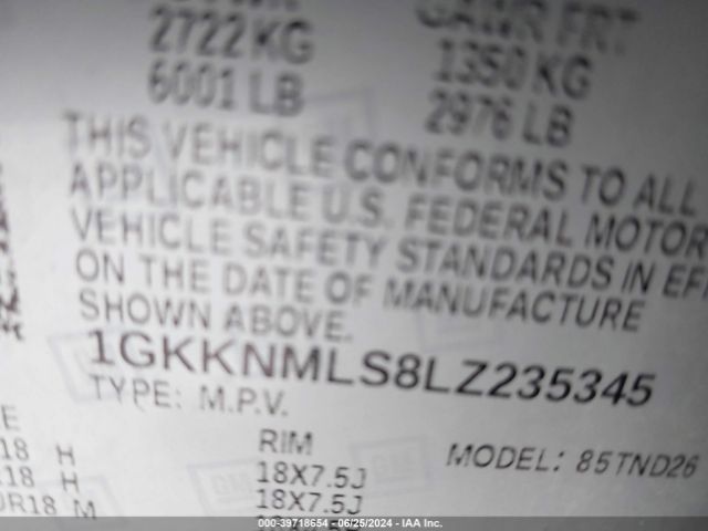 1GKKNMLS8LZ235345 GMC Acadia Fwd Slt