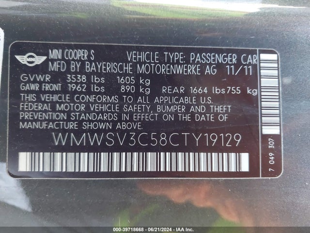 2012 MINI COOPER S WMWSV3C58CTY19129 Photo 8