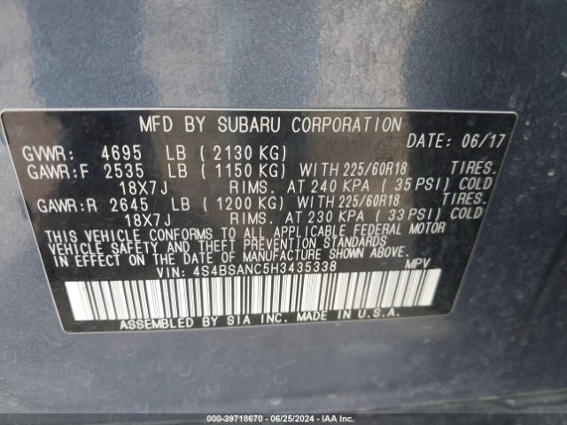 4S4BSANC5H3435338 Subaru Outback 2.5i Limited