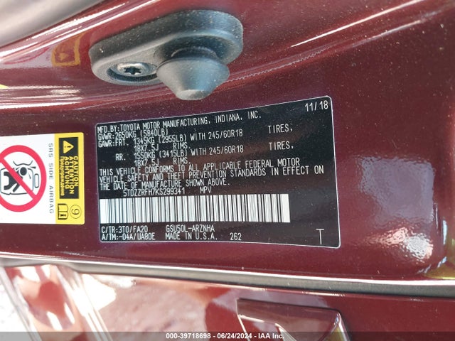 Toyota Highlander Le Plus 2019 5TDZZRFH7KS299341 Image 9