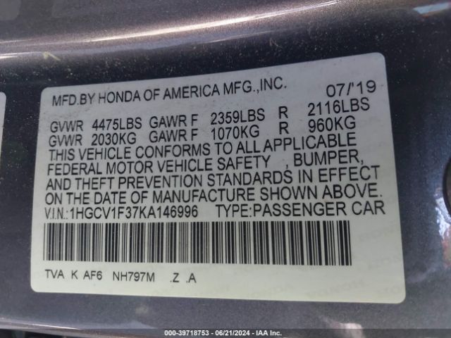 1HGCV1F37KA146996 Honda Accord Sport