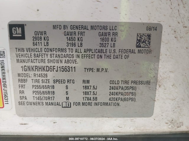 Chevrolet Traverse 2lt 2015 1GNKRHKD6FJ156311 Image 9