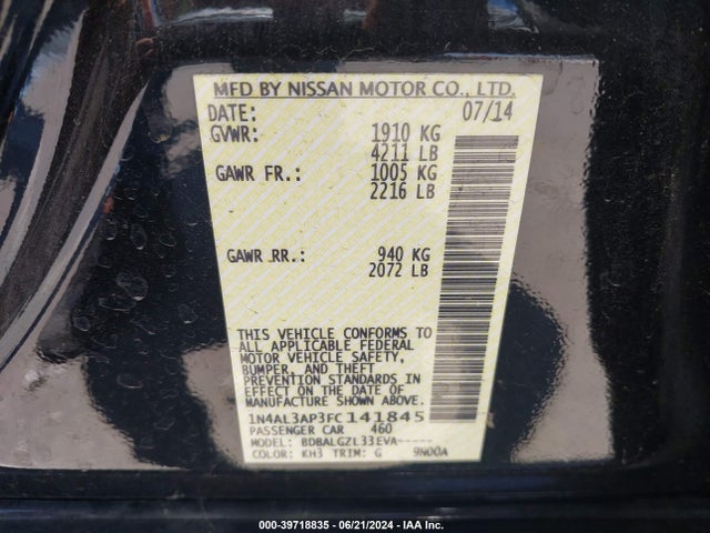 39718835 :رقم المزاد ، 1N4AL3AP3FC141845 vin ، 2015 Nissan Altima 2.5/2.5 S/2.5 Sl/2.5 Sv مزاد بيع