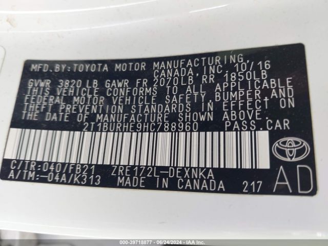 2T1BURHE9HC788960 Toyota COROLLA LE