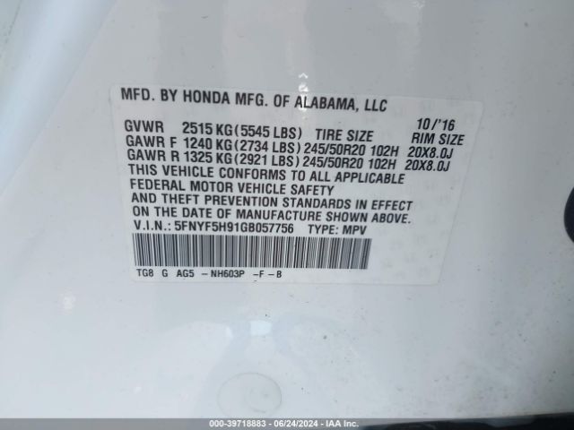 5FNYF5H91GB057756 Honda Pilot Touring