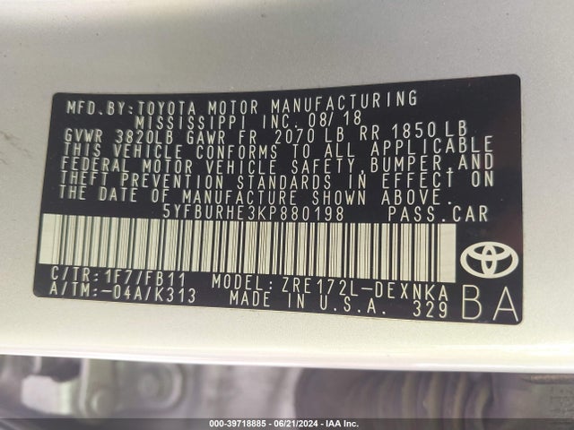 Toyota COROLLA LE 2019 5YFBURHE3KP880198 Image 9