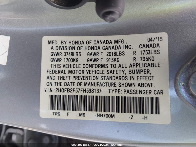 Honda Civic Lx 2015 2HGFB2F57FH538137 Image 9
