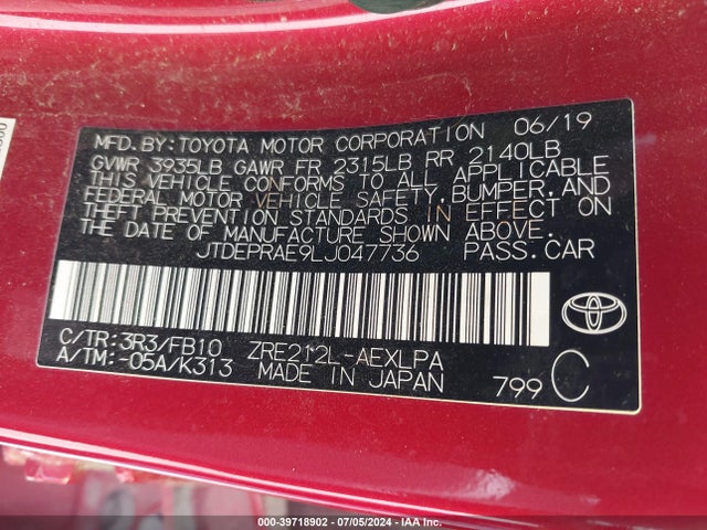 Toyota COROLLA LE 2020 JTDEPRAE9LJ047736 Image 9