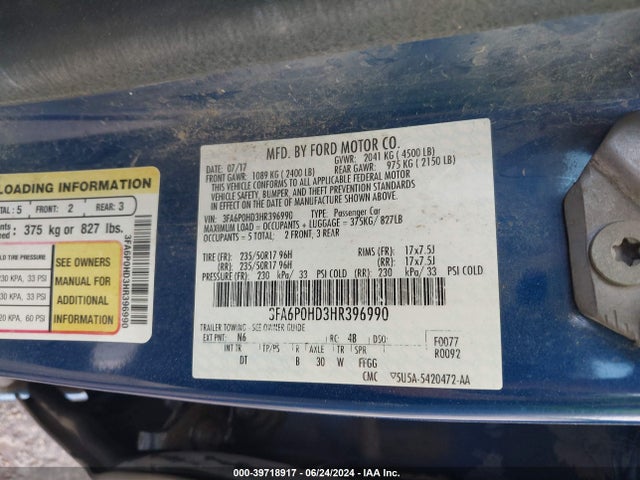 Ford FUSION SE 2017 3FA6P0HD3HR396990 Image 9