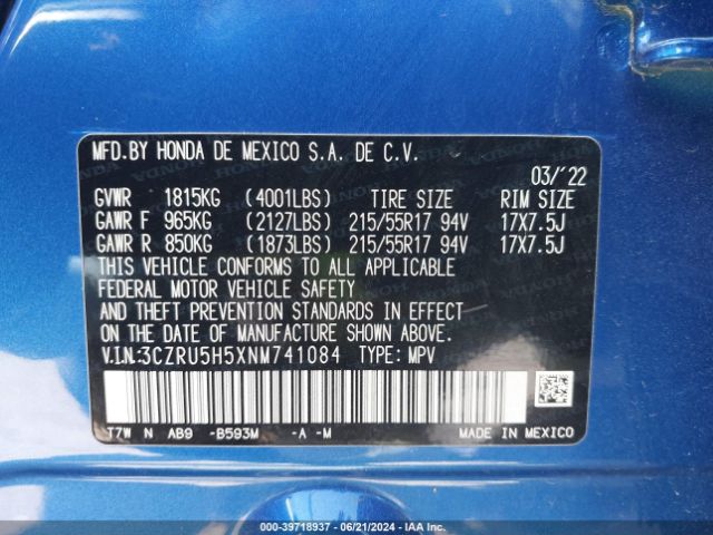 3CZRU5H5XNM741084 Honda Hr-v 2wd Ex