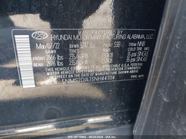 5NMS2DAJ3NH441114 Hyundai Santa Fe Sel