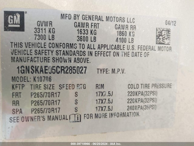 Aukcja sprzedaży 2012 Chevrolet Tahoe Ls, vin: 1GNSKAE05CR285027, numer aukcji: 39718966
