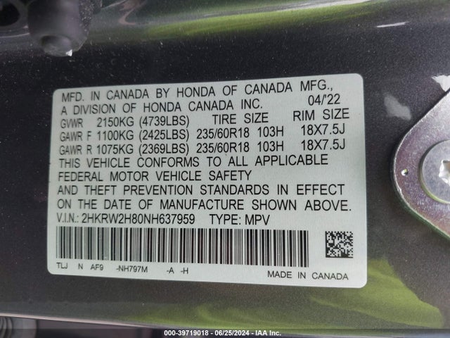 Honda Cr-v Awd Ex-l 2022 2HKRW2H80NH637959 Image 9