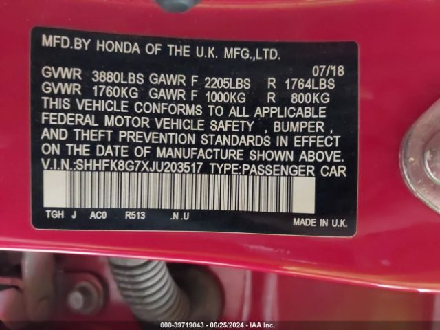 SHHFK8G7XJU203517 Honda Civic Type R Touring