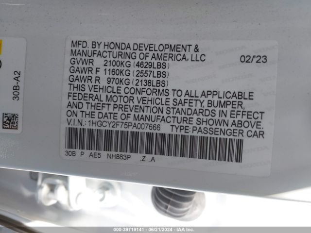 1HGCY2F75PA007666 Honda Accord Hybrid Sport-l