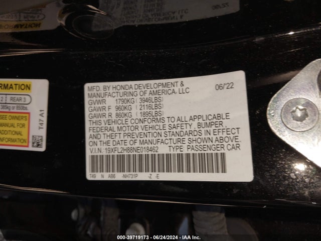 Продаж на аукціоні авто 2022 Honda Civic Sport, vin: 19XFL2H88NE018462, номер лоту: 39719173