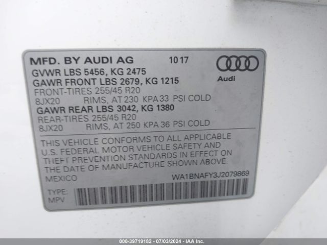 WA1BNAFY3J2079869 Audi Q5 2.0t Premium/2.0t Tech Premium