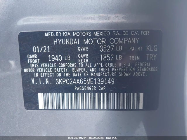 Hyundai ACCENT SE 2021 3KPC24A65ME139149 Image 9
