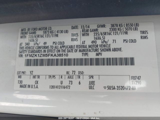 1FMZK1ZM5FKA38510 Ford Transit-150 Xl