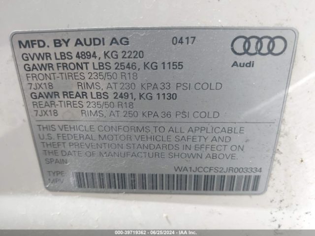 WA1JCCFS2JR003334 Audi Q3 2.0t Premium/2.0t Sport Premium