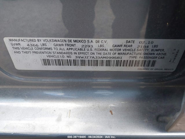 39719405 :رقم المزاد ، 3VWJZ7AJ3AM099581 vin ، 2010 Volkswagen Jetta S مزاد بيع