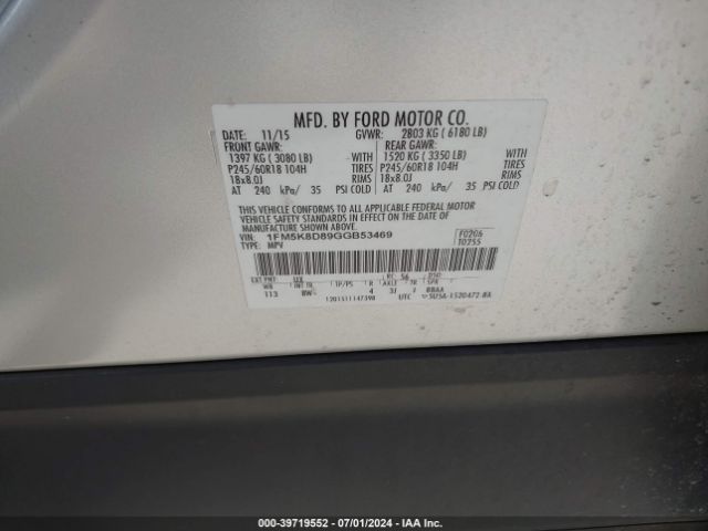 1FM5K8D89GGB53469 Ford EXPLORER XLT